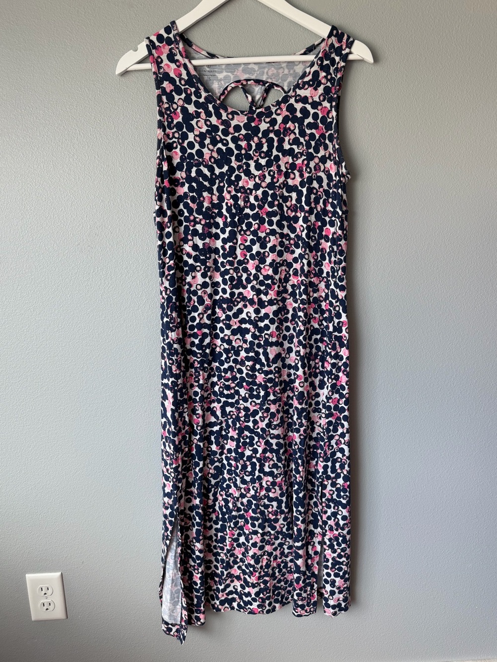 Talbots white navy pink dots stretch jersey midi tank top dress Women’s sz S